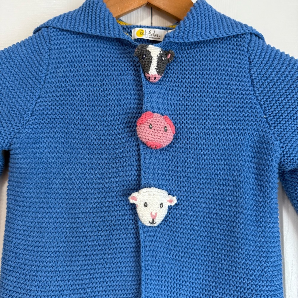 Baby Boden Blue Farm Animal Knit Long Sleeve Cardigan Sweater Toddler Boy 2-3Y